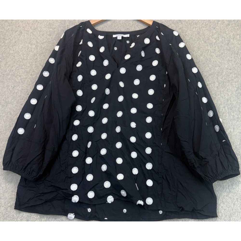 Chico's Womens Textured Polka Dot Blouse Black White Embroidered Splitneck XL